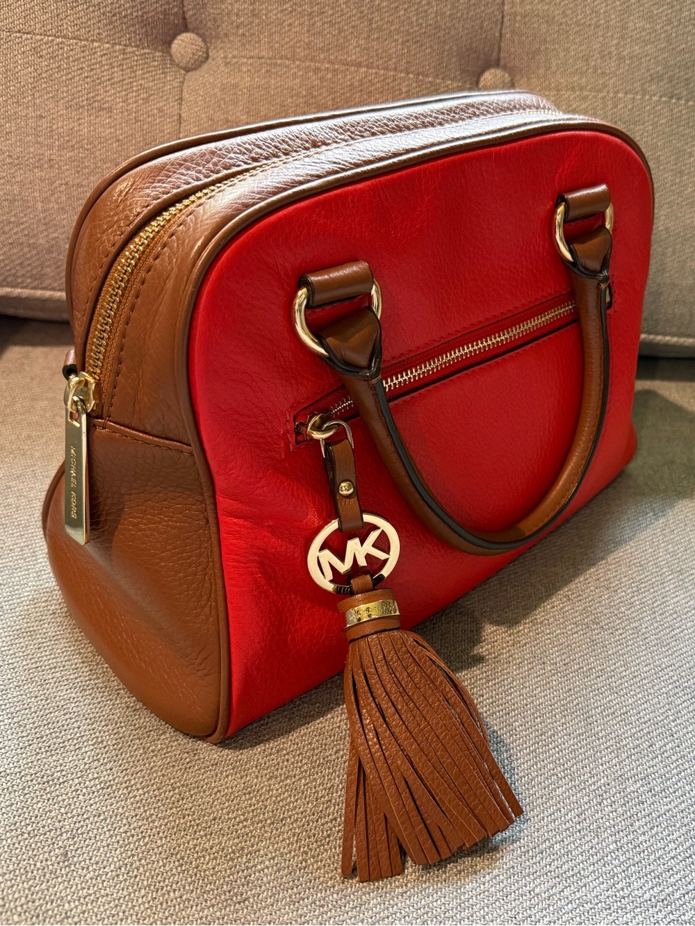 Michael Kors Red and Brown Leather Dome Satchel with Tassel Charm Colorblock